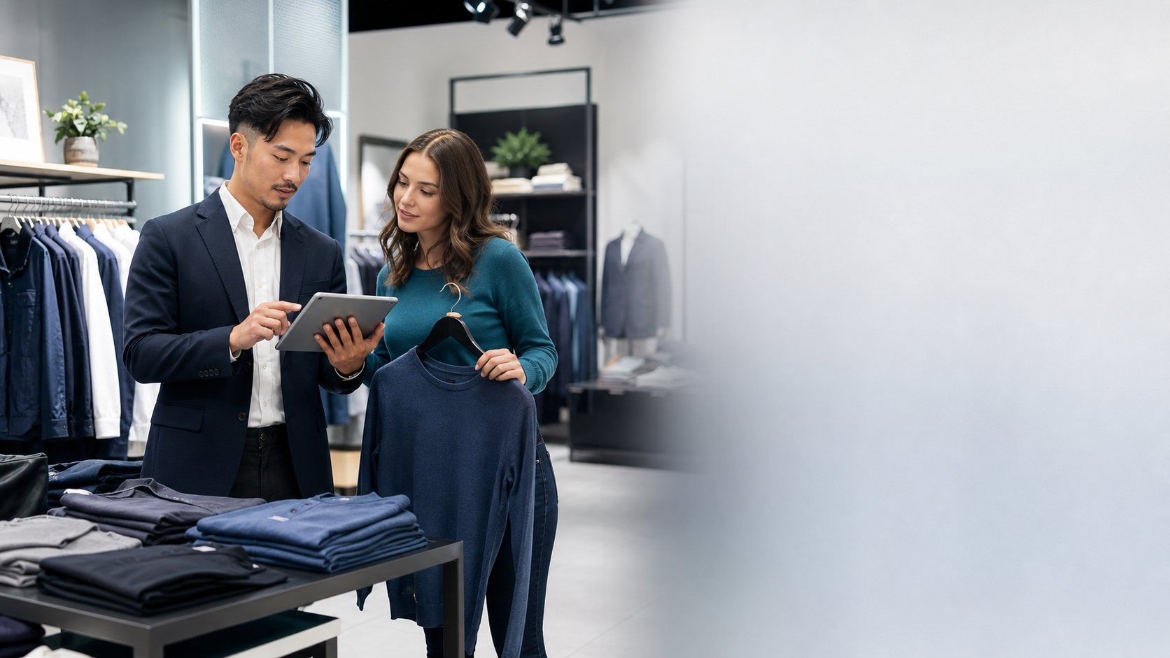 Tienda de ropa usando tablet para atencion comercial y seguimiento de ventas