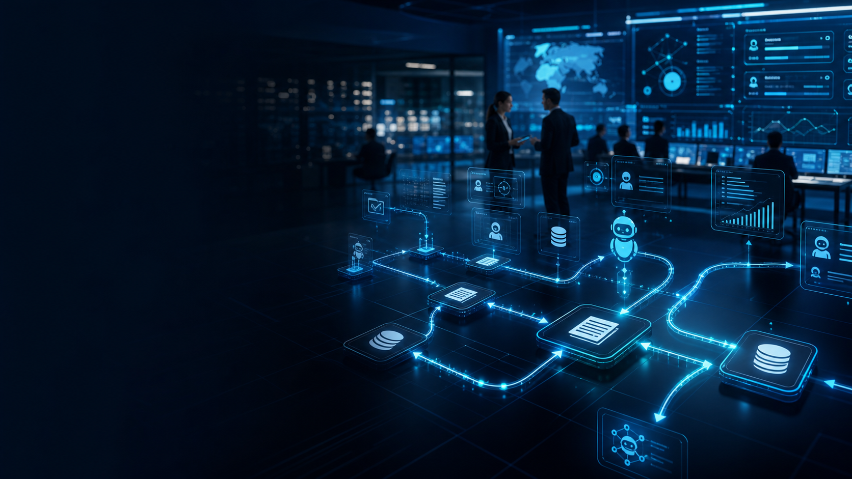 Centro operativo digital con flujos de automatizacion, integracion de sistemas y procesos empresariales