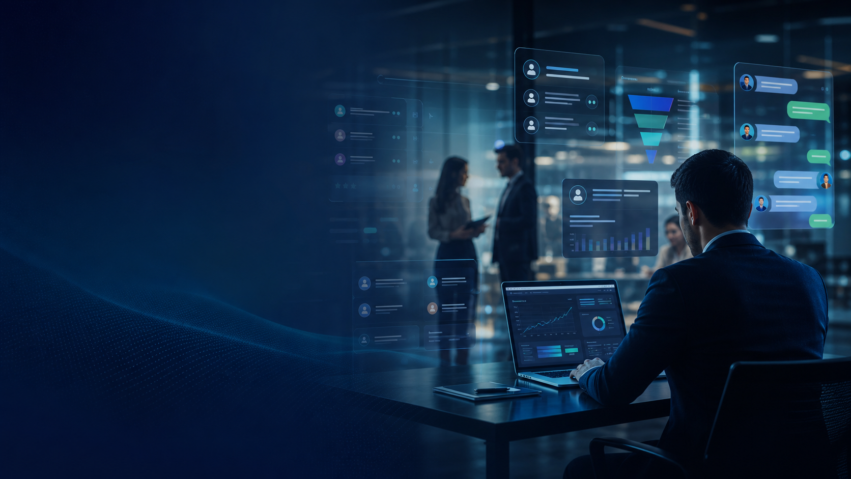 Entorno corporativo tecnologico con CRM, ventas, atencion al cliente y paneles modernos